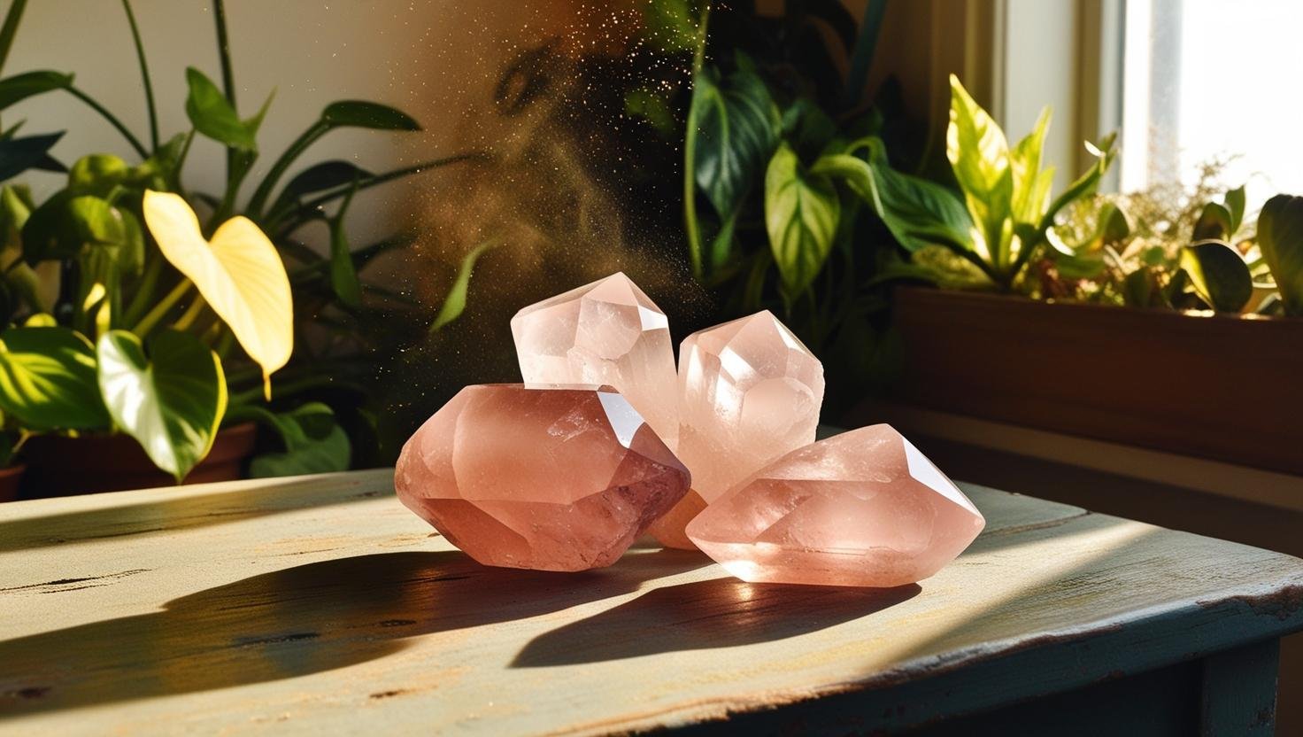 Cristal quartzo rosa, no centro de uma sala com varias plantas em vasos, com o sol entrando pela janela energizando os cristais.