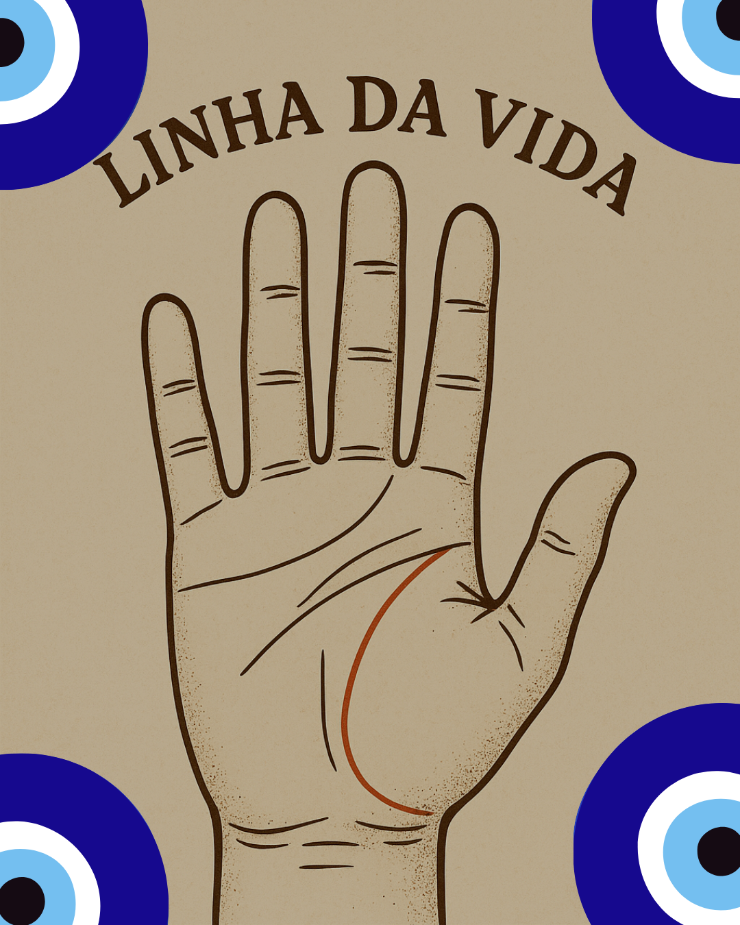 Mão com a linha de vida destacada. e alguns olhos gregos contra inveja.